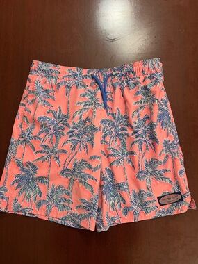Vineyard Vines Coral Swim Trunks with Blue & Green Palm Print